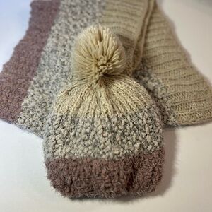 Cozy Knit Pom-Pom Hat and Scarf Set - Cream and Brown